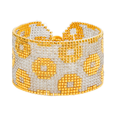 Brazalete Telar Dorado Grueso Rondanas Gris Traslucido